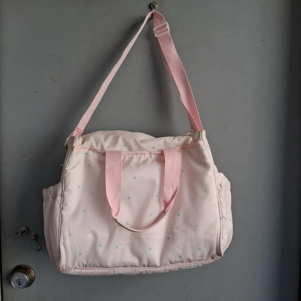 Vintage 80s 90s Vinyl Diaper Bag Pink Mint Green Geometric w/changing pad EVC